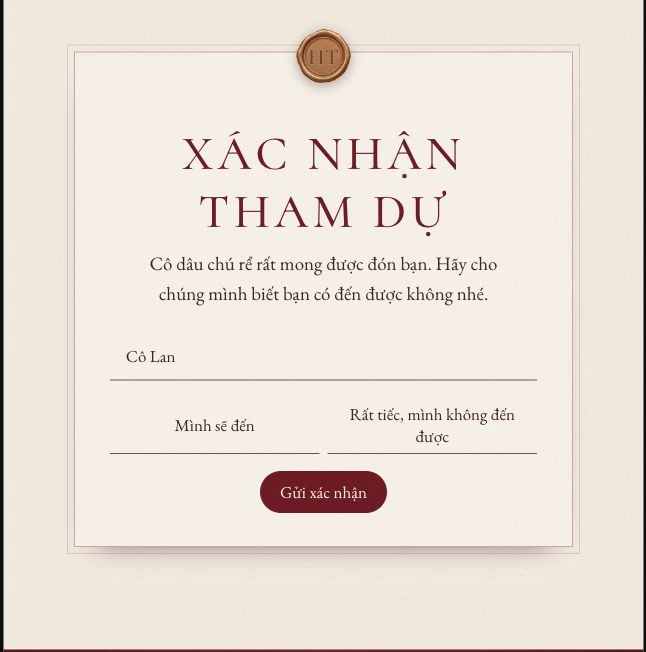 Xác nhận tham dự — Khách thấy ở đây. Ảnh chụp giao diện tiếng Việt.