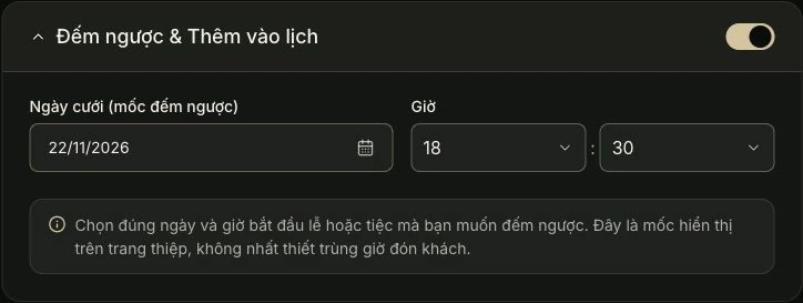 Đếm ngược & lịch — Bạn điền ở đây. Ảnh chụp giao diện tiếng Việt.