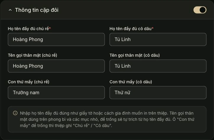 Thông tin cặp đôi — Bạn điền ở đây. Ảnh chụp giao diện tiếng Việt.