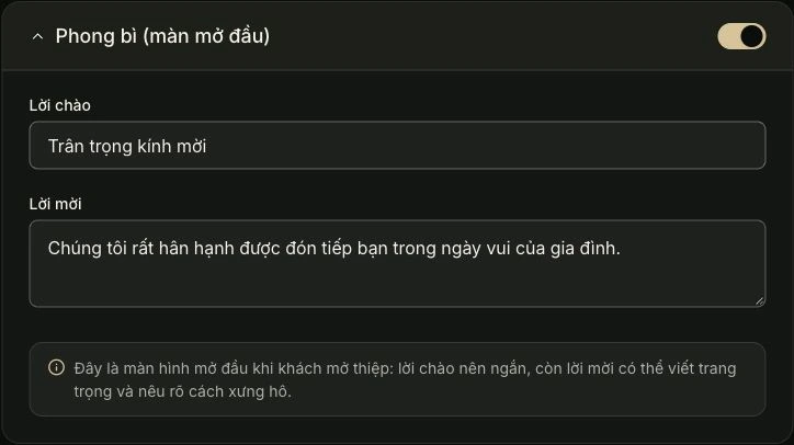 Phong bì & lời mời — Bạn điền ở đây. Ảnh chụp giao diện tiếng Việt.
