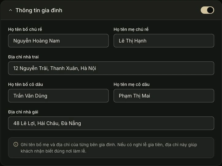 Thông tin gia đình — Bạn điền ở đây. Ảnh chụp giao diện tiếng Việt.