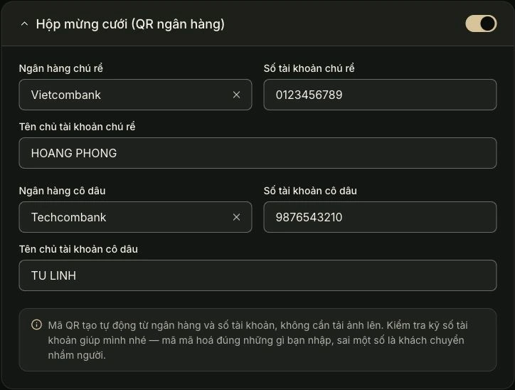Hộp mừng cưới — Bạn điền ở đây. Ảnh chụp giao diện tiếng Việt.