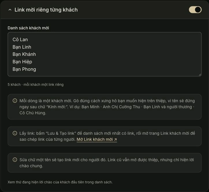 Link mời riêng — Bạn điền ở đây. Ảnh chụp giao diện tiếng Việt.