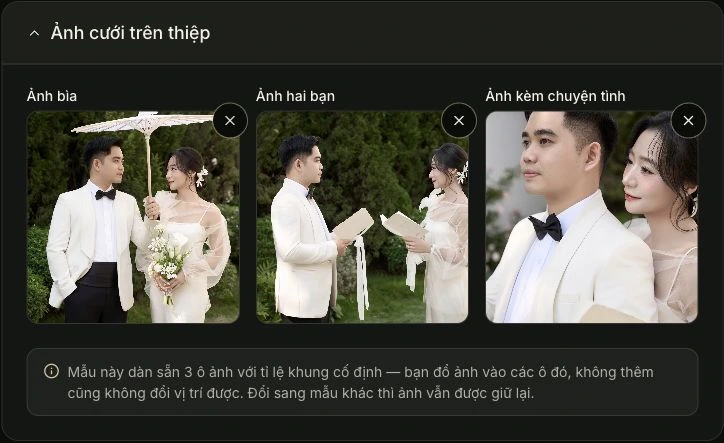 Ảnh cưới trên thiệp — Bạn điền ở đây. Ảnh chụp giao diện tiếng Việt.