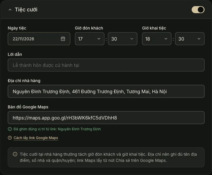 Tiệc cưới — Bạn điền ở đây. Ảnh chụp giao diện tiếng Việt.