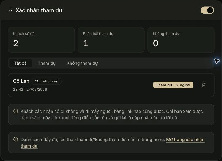 Xác nhận tham dự — Bạn điền ở đây. Ảnh chụp giao diện tiếng Việt.