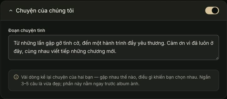 Chuyện của chúng tôi — Bạn điền ở đây. Ảnh chụp giao diện tiếng Việt.