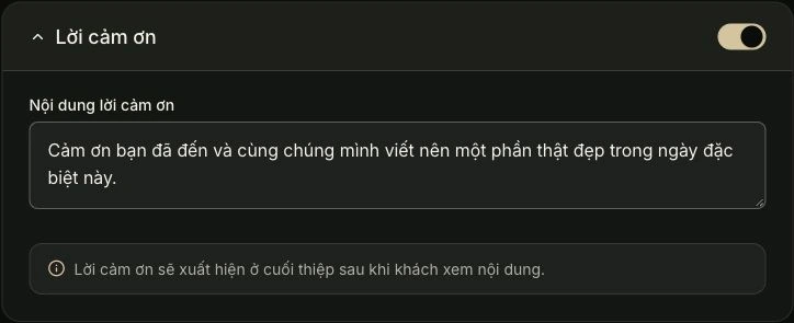 Lời cảm ơn — Bạn điền ở đây. Ảnh chụp giao diện tiếng Việt.
