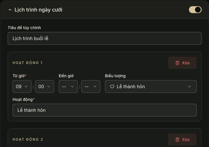 Lịch trình ngày cưới — Bạn điền ở đây. Ảnh chụp giao diện tiếng Việt.